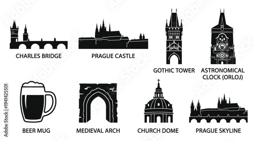 Prague Landmark Vector Silhouette Icon Set Featuring Charles Bridge, Castle, Gothic Tower, Astronomical Clock, Beer Mug, Medieval Arch, Church Dome, and Skyline for Travel and Design Use