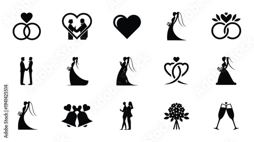 Collection of black wedding icons and symbols on white background including couples hearts rings and flowers for marriage and love designs