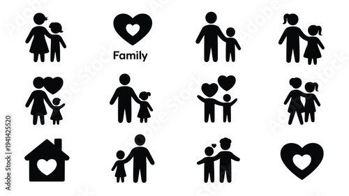 Family silhouettes with hearts icons for love and relationships on white background