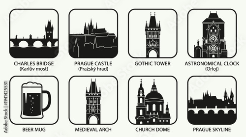 Prague Landmark Vector Silhouette Icon Set Featuring Charles Bridge, Castle, Gothic Tower, Astronomical Clock, Beer Mug, Medieval Arch, Church Dome, and Skyline for Travel and Design Use