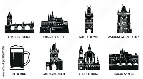Prague Landmark Vector Silhouette Icon Set Featuring Charles Bridge, Castle, Gothic Tower, Astronomical Clock, Beer Mug, Medieval Arch, Church Dome, and Skyline for Travel and Design Use