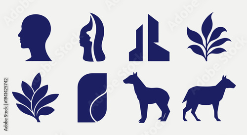 Collection of Minimalist Blue Silhouettes - Human Profiles, Buildings, Plants, and Animals.