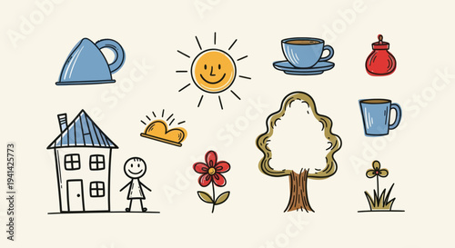 Collection of Hand-Drawn Everyday Objects and Nature Elements for Children.