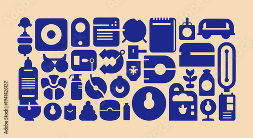 Collection of various household items and electronic devices in a minimalist style.