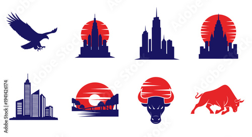 Collection of various silhouette logos featuring animals and cityscapes.