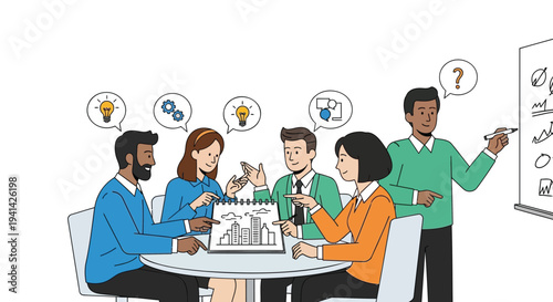 Vector illustration of 5 people brainstorming and planning business strategy