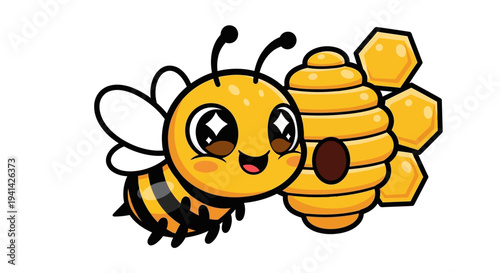 A cartoon bee illustration beside a honeycomb, showcasing a friendly insect in a natural setting with a simple background