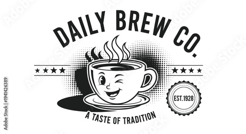 Daily Brew Co Coffee Cup Logo with Winking Face and Steam.