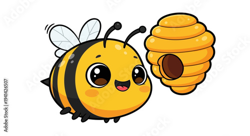 A cartoon bee character near a honeycomb structure, depicted in a friendly illustration style