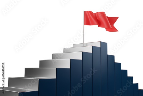 A 3D bar graph with a red flag on top, symbolizing success and achievement in business and finance.