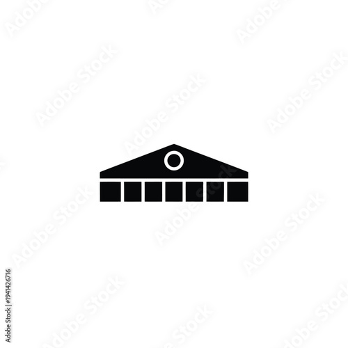 Solid fill of a train station building with a triangular roof and circular window black white