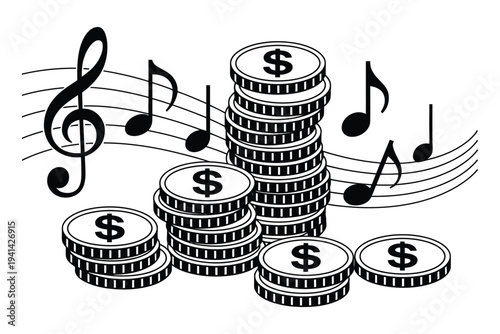 Cartoon dollar cha-ching ka-ching ker-ching illustration, colorful cash register money sound vector, celebrating profit, income, revenue, and financial gain concept.