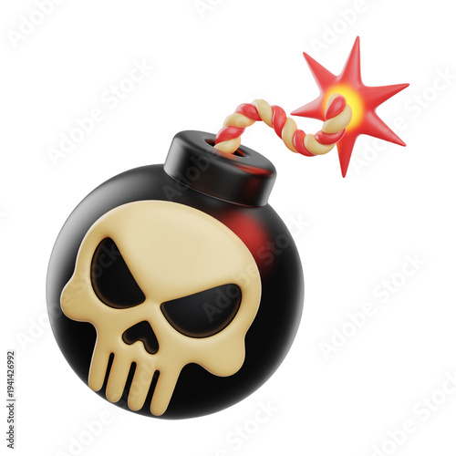 3D Cartoon Bomb with Skull Symbol and Burning Fuse Representing Danger Explosion Concept