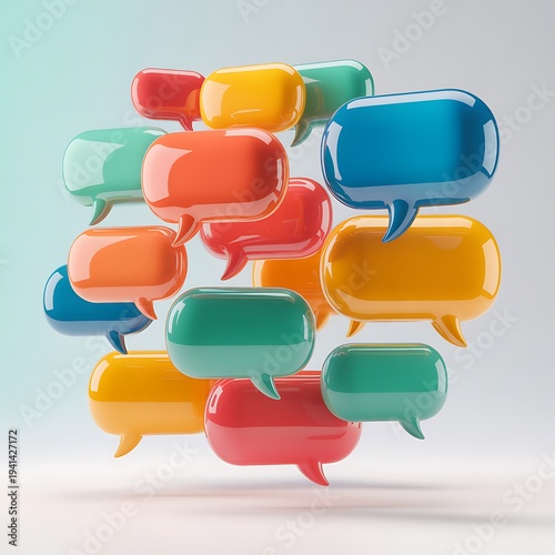 A cluster of colorful speech bubbles floating in mid-air on a light background