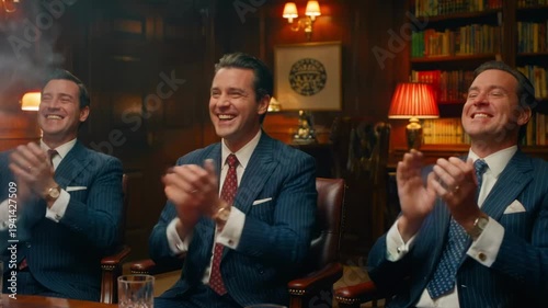 Successful businessmen in elegant suits laughing uproariously in a smoky retro gentlemen's club. Wealthy corporate executives celebrating success with drinks and cigars at a meeting