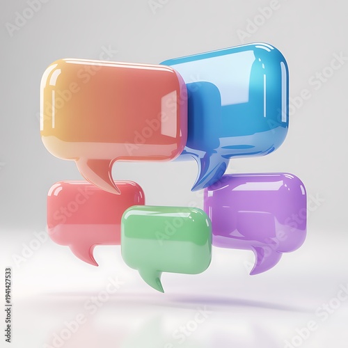 A colorful arrangement of speech bubbles in different shapes and sizes on a plain background