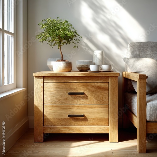 Bedroom Interior with Wooden Nightstand, Plant, and Natural Light