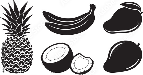 Black and white illustration of various tropical fruits icons