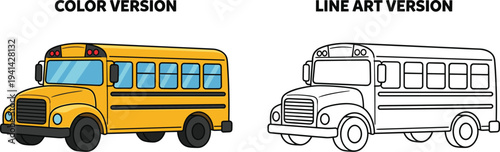 School bus colored illustration and line art version, educational transport vehicle cartoon, kids coloring page style vector illustration