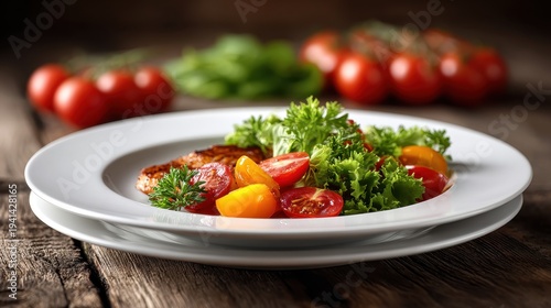 Grilled Chicken Salad with Cherry Tomatoes on Rustic Wooden Table