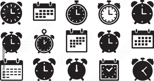 Collection of various clock and calendar icons in black
