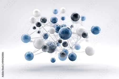 A 3D rendering of a network of interconnected spheres in various shades of blue and white