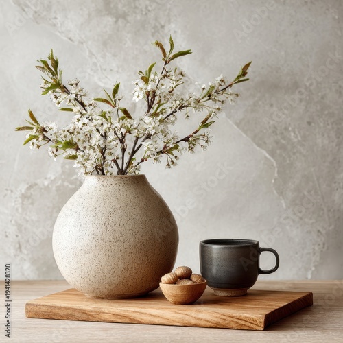 Still Life with Flowering Branches, Coffee Mug, and Walnuts on Wooden Board