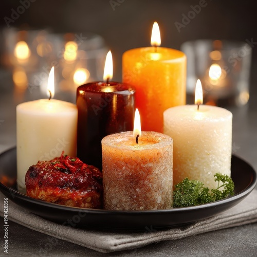 Burning Candles with Food on a Plate for Special Occasion Decoration
