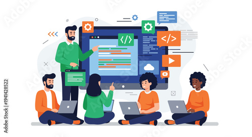 Flat illustration of a diverse group of people collaborating on laptops with a large screen display and coding symbols around them on a clean white background.