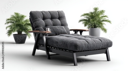 Modern Lounge Chair with Plants on White Background, Minimalist Design