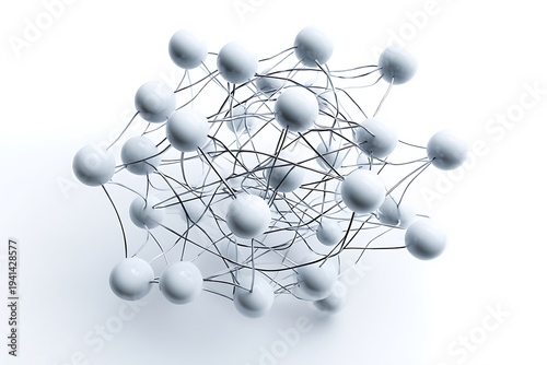 A 3D rendering of a complex network of interconnected nodes and lines on a white background