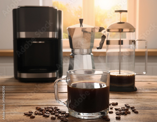 Home coffee brewing methods with drip coffee maker, moka pot and french press