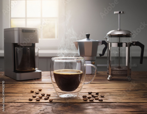 Home coffee brewing methods with drip coffee maker, moka pot and french press