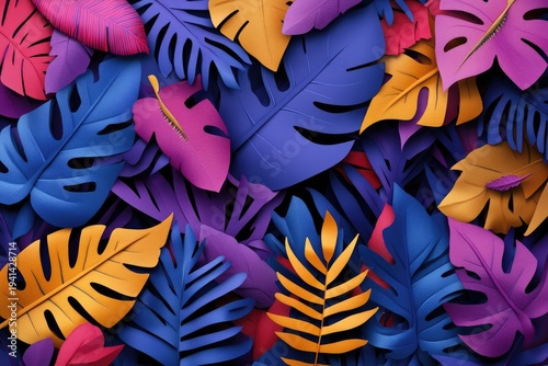 Colorful Paper Tropical Leaves Background