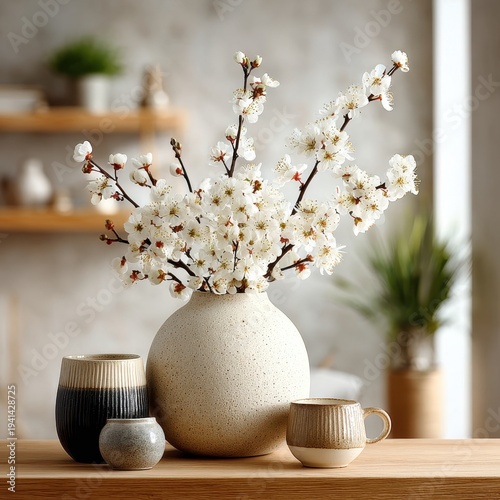 Elegant Still Life with White Blossoms in Vase and Ceramic Vessels