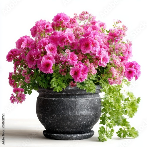 Pink Geraniums and Greenery in a Dark Stone Pot on White Background