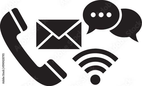 Communication icons including phone, email, and messaging symbols