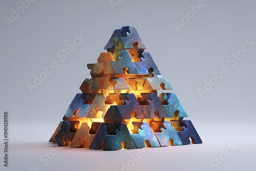 A pyramid of puzzle pieces with glowing lights inside on a gray background
