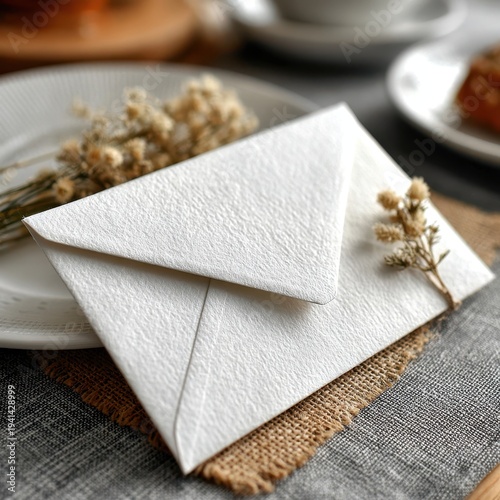 Elegant White Envelope on Table Setting with Dried Flowers Decoration