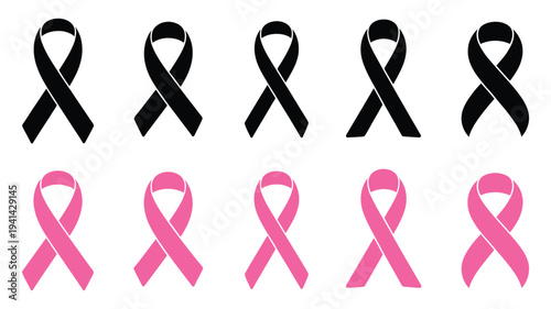 Cancer awareness ribbon icons set, flat vector black and pink support ribbons, representing health awareness, patient support, and advocacy campaigns.
