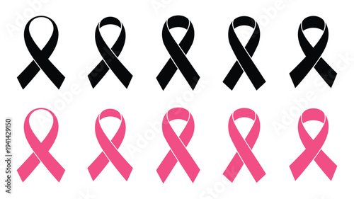 Cancer awareness ribbon icons set, flat vector black and pink support ribbons, representing health awareness, patient support, and advocacy campaigns.