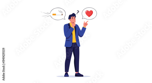 Full-body illustration of a man in a blue suit pointing at a heart symbol in a speech bubble against a plain white background.