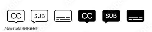 Video subtitle icon set. Subtitling button, closed caption text bubble symbol. Vector illustration. 