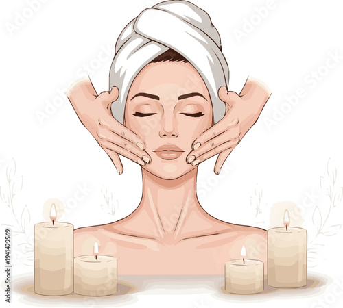 Isolated a realistic woman receiving a facial massage in a luxury spa bathed in aromatic candlelight. High-quality beauty imagery for beauty salons symbolizing relaxation and beauty care. vector art .