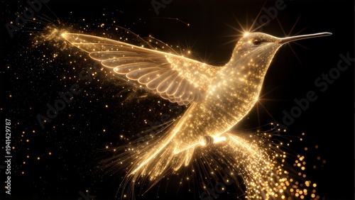 Sparkling gold humming bird with glowing light trails