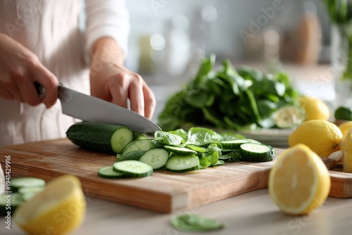 A woman slices fresh cucumber and spinach on a wooden cutting board, preparing ingredients for a healthy detox smoothie