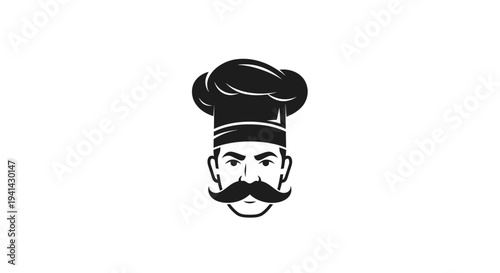 Monochromatic Chef Head with Moustache and Toque Hat.
