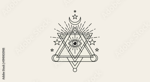 Mystical All Seeing Eye with Star and Moon Symbol.