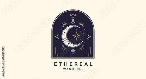 Mystical Crescent Moon Celestial Emblem with Stars and Ornaments.