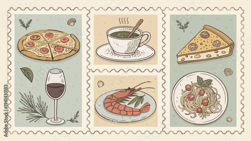 Italian cuisine postage stamp vector set featuring pizza pasta seafood wine and coffee